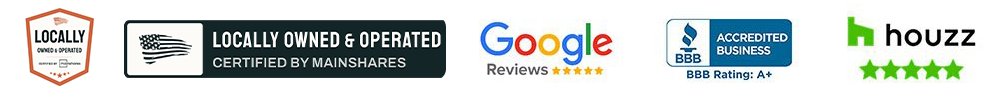 Antoon Construction trust badges: Locally Owned & Operated, Google Reviews, BBB Accredited Business A+ rating, Houzz 5-star rating